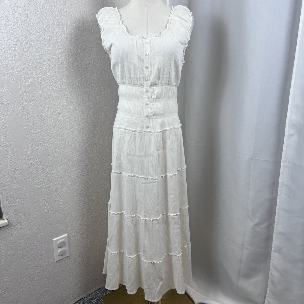 White Tiered Midi Dress Womens Large 100% Cotton Milkmaid Cottagecore Coastal